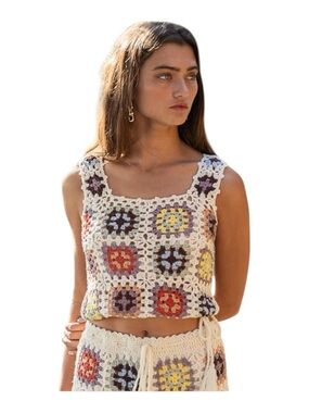 POL Crochet Granny Square Tank Top Multicolor L Boho Festival